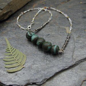 Bead Bar Necklace with Grey and Blue Marbled Handmade Beads - OOAK